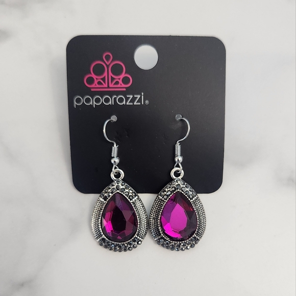 Paparazzi Magenta Teardrop Silver and Purple Crystal Earrings - Picture 4 of 9